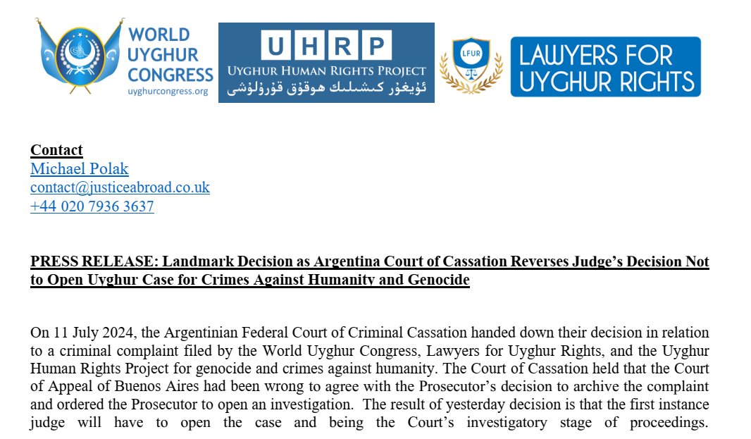 MichaelPolakLaw's tweet photo. Great news in the fight against impunity for international crimes: Argentinian Court of Cassation Reverses Trial Judge's Decision not to open Uyghur Crimes against Humanity and Genocide case

I act for @UyghurCongress @UyghurProject @L4UR_UK and top Argentinian lawyers Gabriel Cavallo and Juan Nieto. 

#Uyghurs #UniversalJurisdiction #InternationalCrimes

(Thread)