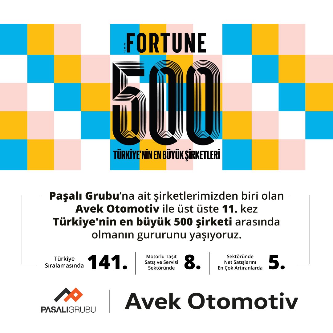 pasaligrubu's tweet photo. Ülkemizin en büyük şirketlerinin listelendiği Fortune 500 Türkiye 2023’te, Paşalı Grubu şirketlerimizden Avek Otomotiv ile üst üste 11. kez listede yer almanın gururunu yaşıyoruz.

#Fortune500Türkiye #AvekOtomotiv #PaşalıGrubu https://t.co/CGk7QWkHf8