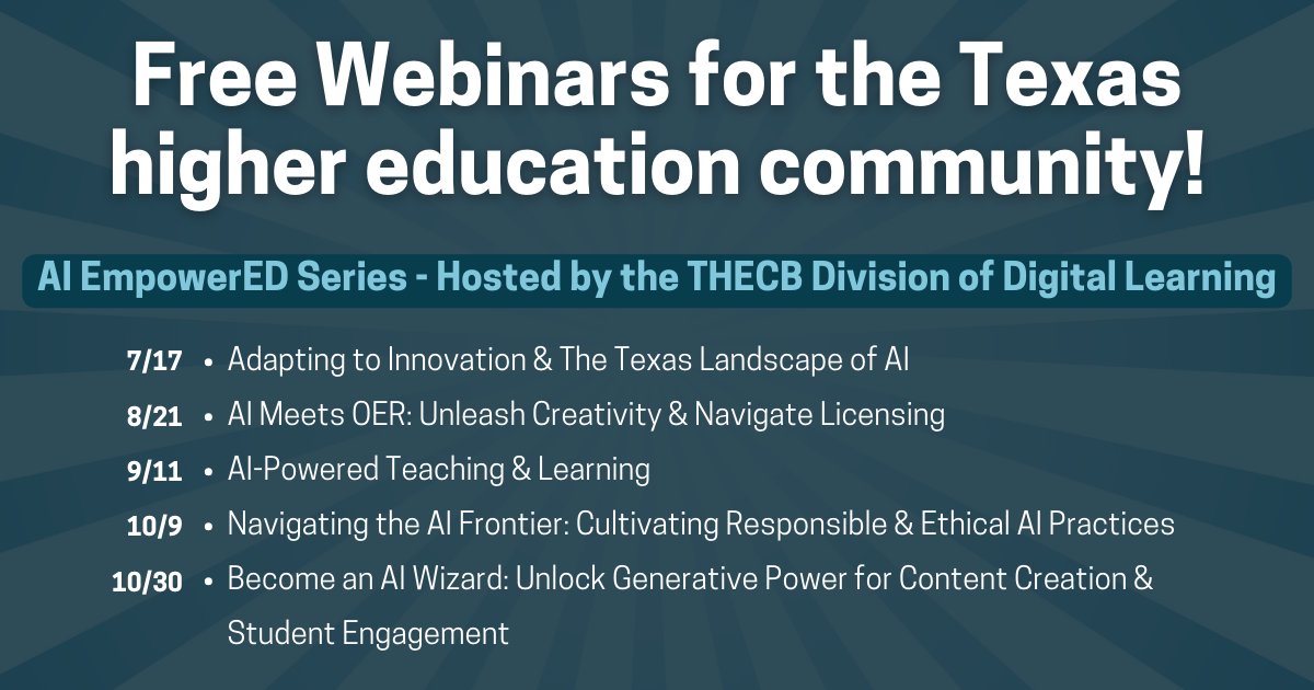 #tarletonfaculty &amp; staff are invited to join THECB for the AI EmpowerED free webinar series featuring 5 sessions designed to equip participants with actionable insights to navigate the dynamic landscape of AI in the higher ed space. Learn more &amp; register: ow.ly/QN4L50Sz4lh