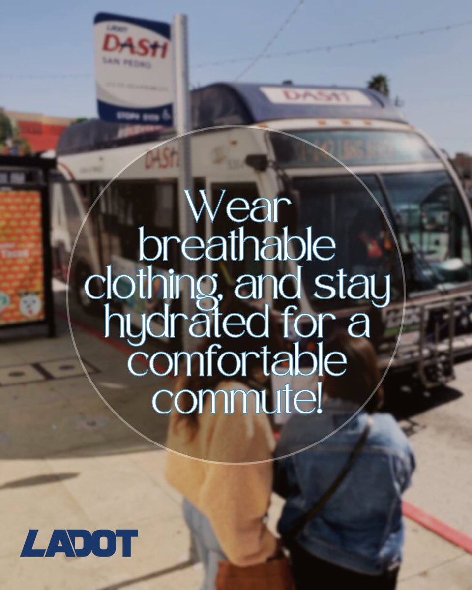 LADOTofficial's tweet photo. Beat the heat this summer by riding the LADOT DASH bus! ππ¨ Enjoy the comfort of air-conditioned buses while you travel. Bring a water bottle to stay hydrated and wear light, breathable clothing for a cool and comfy commute. #StayCool #LADOT #DASHBus #SummerVibes https://t.co/gGs0j18sQL