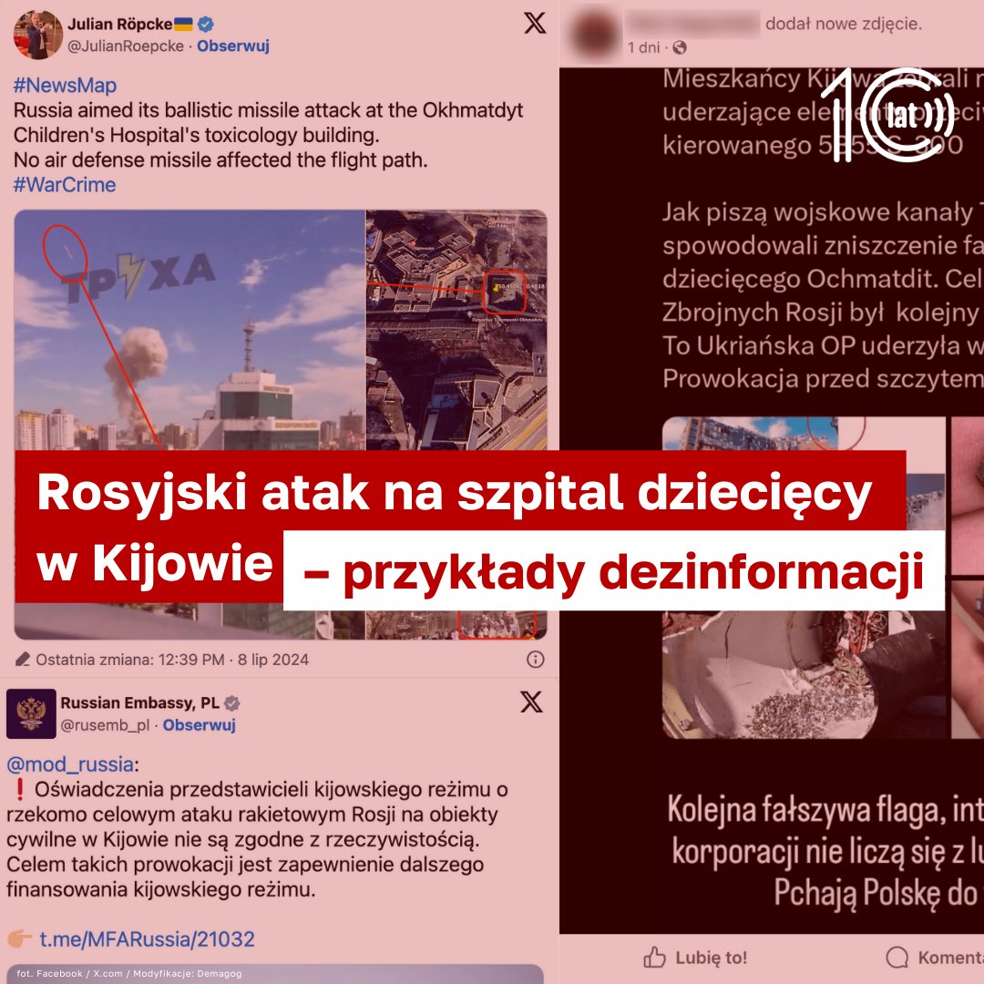 DemagogPL's tweet photo. 🇷🇺 Zgodnie z rosyjskim Ministerstwem Obrony, kijowski szpital został trafiony przez pocisk ukraińskiej obrony przeciwlotniczej. Dziennikarze śledczy doszli do innych wniosków. 🇺🇦

🔎 Jak informacja o „winie” #Ukraina poniosła się w social mediach? Sprawdź: https://t.co/FTaCGfqxi5