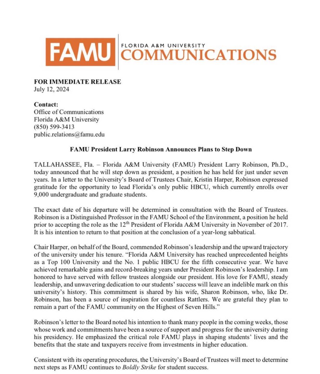 Major <a href="/FAMU/">Fam Udeorji</a> news this morning- Pres. Larry Robinson plans to step down (date TBA). ￼ <a href="/WCTV/">WCTV Eyewitness News</a> ￼