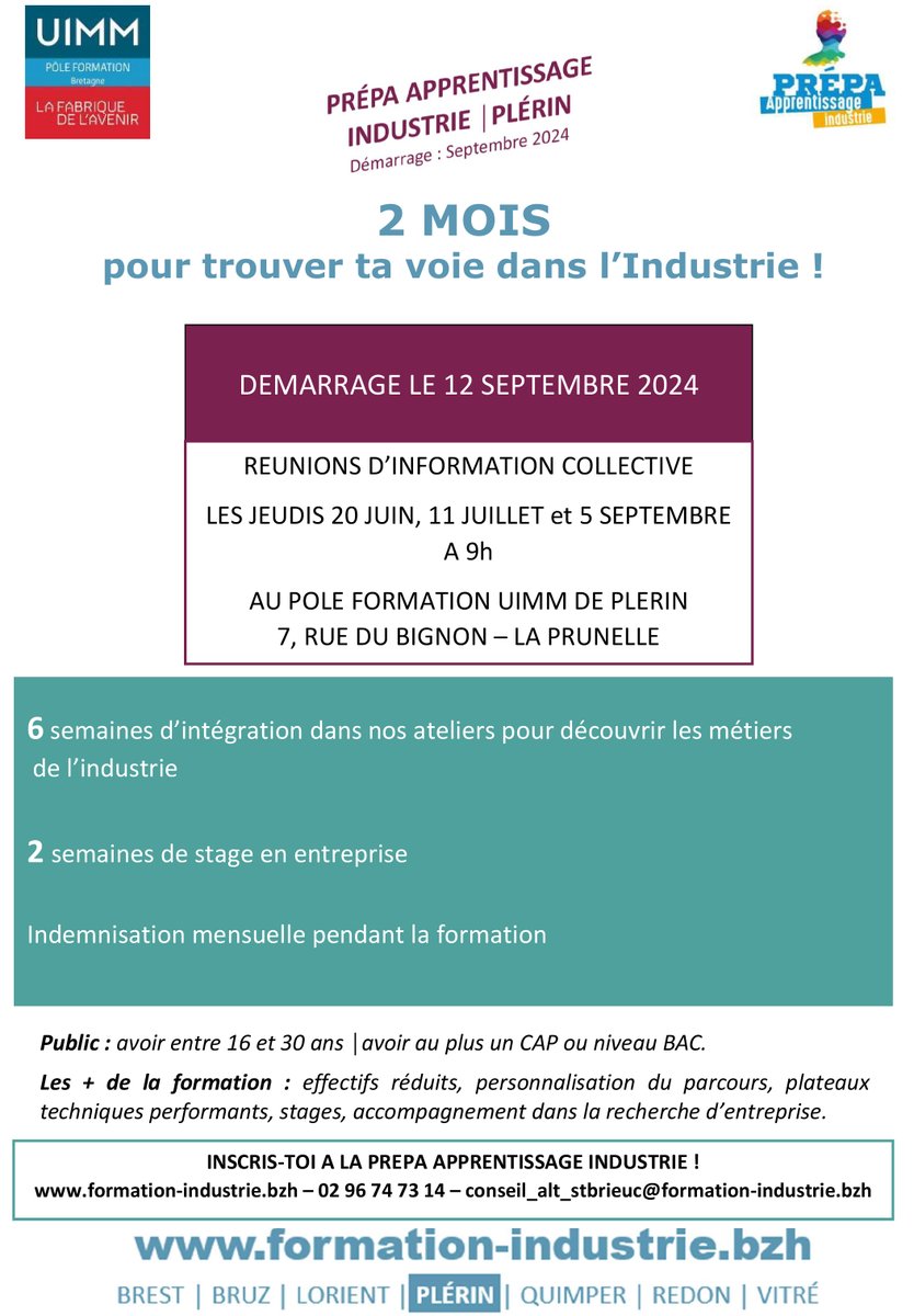 📣Le Pôle Formation UIMM de Plérin propose une Prépa Apprentissage Industrie en septembre prochain.
2 mois pour découvrir les filières : chaudronnerie, maintenance, électricité et réaliser un stage d'immersion en entreprise.
conseil_alt_stbrieuc@formation-industrie.bzh
