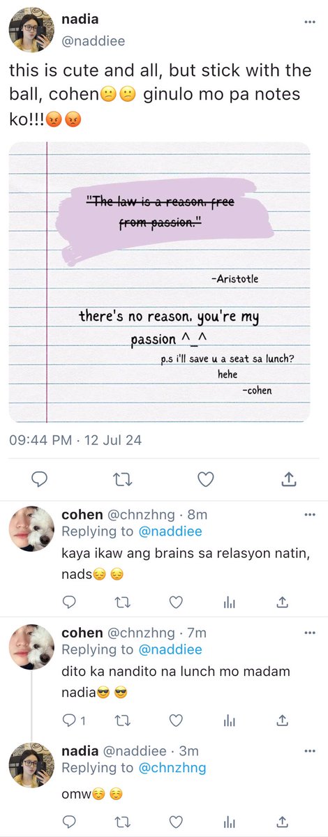 ae__write's tweet photo. you know how to ball, i know aristotle

— nadia (nn) and cohen (cl) are all time  friends, but that changes when nadia felt something�� she felt so high school with him.

— a cl x nn #butterphin one-tweet filo au

TTPD #1 https://t.co/3YyTqfOvg2