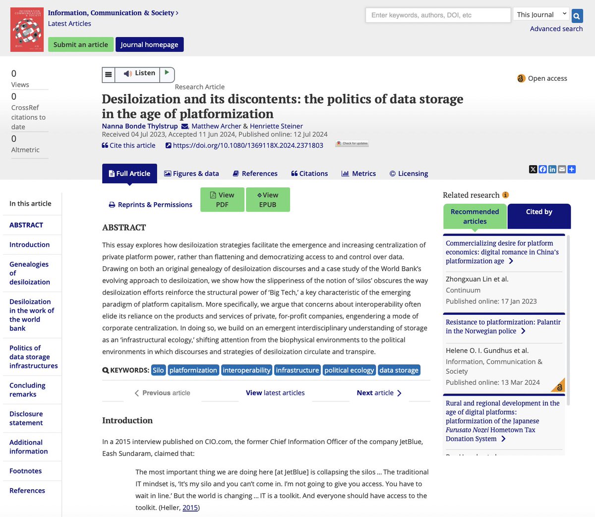 NThylstrup's tweet photo. ✨So happy to see our (@matthewarcher5, Henriette Steiner + me) new article out OA @icsjournal ! It's the result of a longer fascination with the general idea that silos are "bad" and how tech companies produce and harness this w grave political and ethical implications. Link👇 https://t.co/dKke1htVif