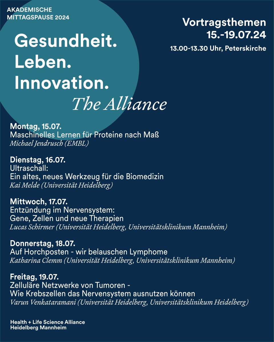 Nächsten Montag beginnt die letzte Woche der Akademischen Mittagspause 2024! <a href="/majendrusch/">Michael Jendrusch</a>, Kai Melde, <a href="/schirmerlab/">Lucas Schirmer</a>, Katharina Clemm und <a href="/VarunVenkatara2/">Varun Venkataramani</a>  schließen die Veranstaltungsreihen mit spannenden Vorträgen ab! 

<a href="/UniHeidelberg/">Uni Heidelberg</a> <a href="/EMBLHeidelberg/">EMBL Heidelberg</a> <a href="/uniklinik_hd/">Universitätsklinikum Heidelberg</a> <a href="/unimedizinma/">Universitätsmedizin Mannheim</a>