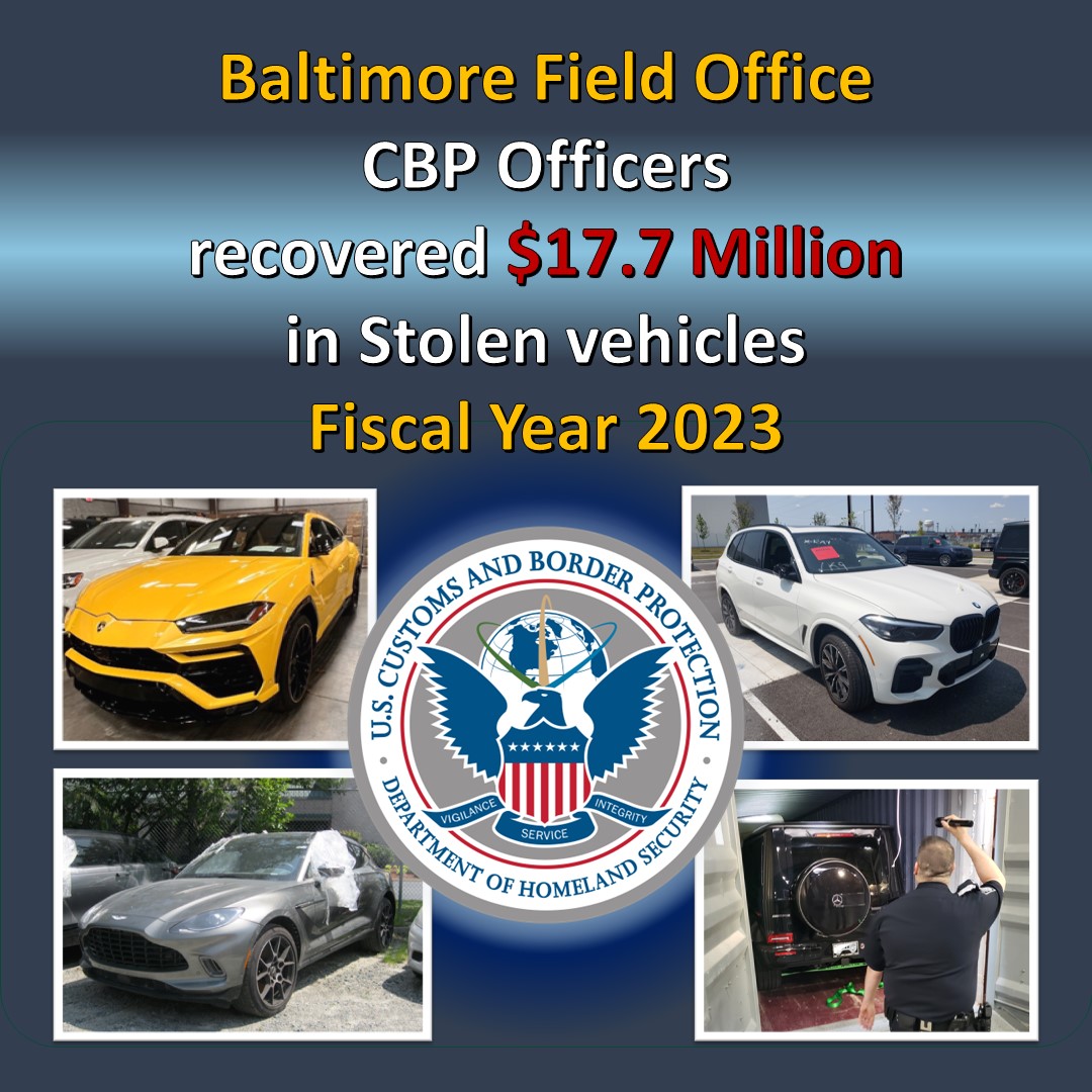 DFOBaltimore's tweet image. During fiscal year 2023, @CBP officers in the Baltimore Field Office intercepted a 44% increase of stolen vehicles over the previous year.  Read about it go.dhs.gov/3sB
#StolenVehicles #BorderSecurity #CrimePrevention #VehicleTheft