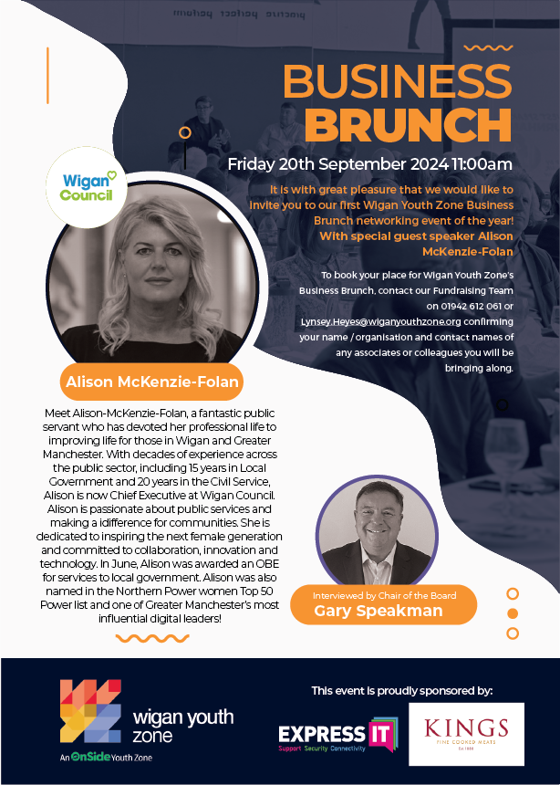 Join us for our Business Brunch, where we'll be joined by special guest speaker Alison McKenzie-Folan, Chief Executive of <a href="/WiganCouncil/">Wigan Council</a>.

🎫 £10 min. donation
📅 Friday 20th September
⏰ 11am-1pm

To book email Lynsey Heyes, at lynsey.heyes@wiganyouthzone.org 

#networking #wigan