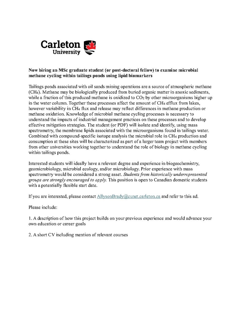 Allyson Brady (@allysonlbrady) on Twitter photo Position in #biogeochemistry still open for interested #gradstudents or #postdoctoral fellow. Looking for candidates with an interest in #microbialecology, #microbiology, #biomarkers, #isotopes and #massspectrometry. #AcademicTwitter
Join us <a href="/Carleton_U/">Carleton University</a> in beautiful #Ottawa! Position in #biogeochemistry still open for interested #gradstudents or #postdoctoral fellow. Looking for candidates with an interest in #microbialecology, #microbiology, #biomarkers, #isotopes and #massspectrometry. #AcademicTwitter
Join us <a href="/Carleton_U/">Carleton University</a> in beautiful #Ottawa!