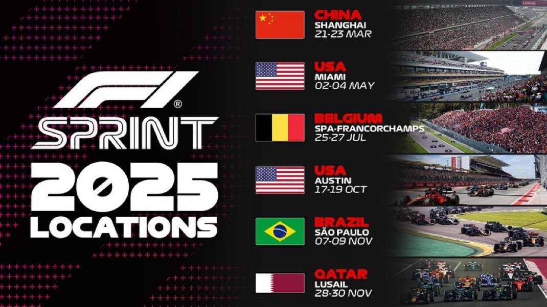 Samuelito_F1's tweet photo. La F1 ha revelado los GP en los que habrá carreras sprint en 2025. 

Y la verdad, hay pocos buenos comentarios acerca de la existencia de este formato…

¿Tú qué opinas? https://t.co/8azXKymtMg