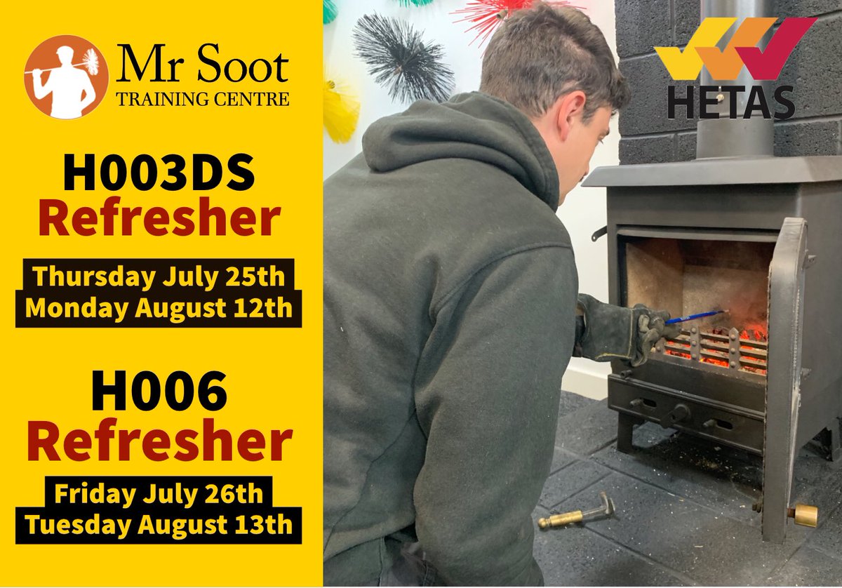 🔥 Pre-Silly Season <a href="/hetas_uk/">HETAS</a> Refreshers!🔥

H003R -Thursday July 25 &amp; Monday August 12th

H006R - Friday July 26th &amp; Tuesday August 13th

🏠 Mr Soot Training Centre, 7 Tower Enterprise Park, Great George Street, Wigan, WN3 4DP

🖥️ mr-soot.com/product/combin…

☎️ Call 01942 387095