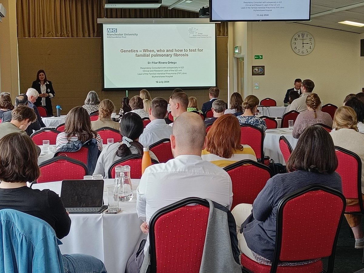 Exeter_ILD's tweet image. A packed room for @PilarRiveraOrt1 presenting Genetics and familial ILD to SW ILD Update 2024 @Exeter_ILD @Isteefer @gdixon1