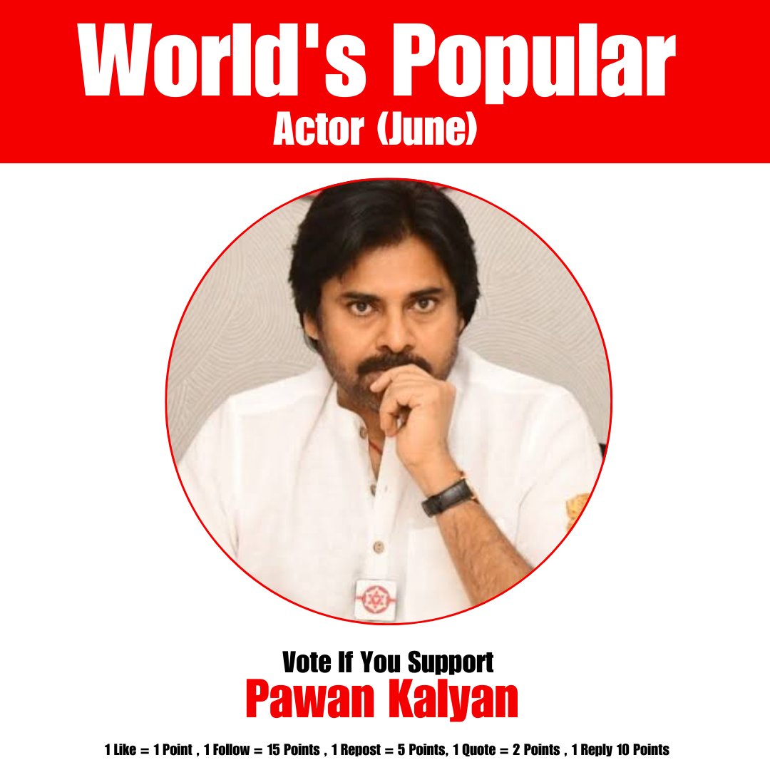 AndhraTalkie's tweet image. International Poll: 🏆🏆🏆
WORLD'S MOST POPULAR INDIAN ACTOR ?
1 Like = 1 Point
1 Repost= 5 Points
1 Follow= 15 Points
1 Reply = 5 Points
1 Quote = 2 Points
Vote if You Support - #Pawankalyan
Winner Announcement On 15th July At 6PM 🏆