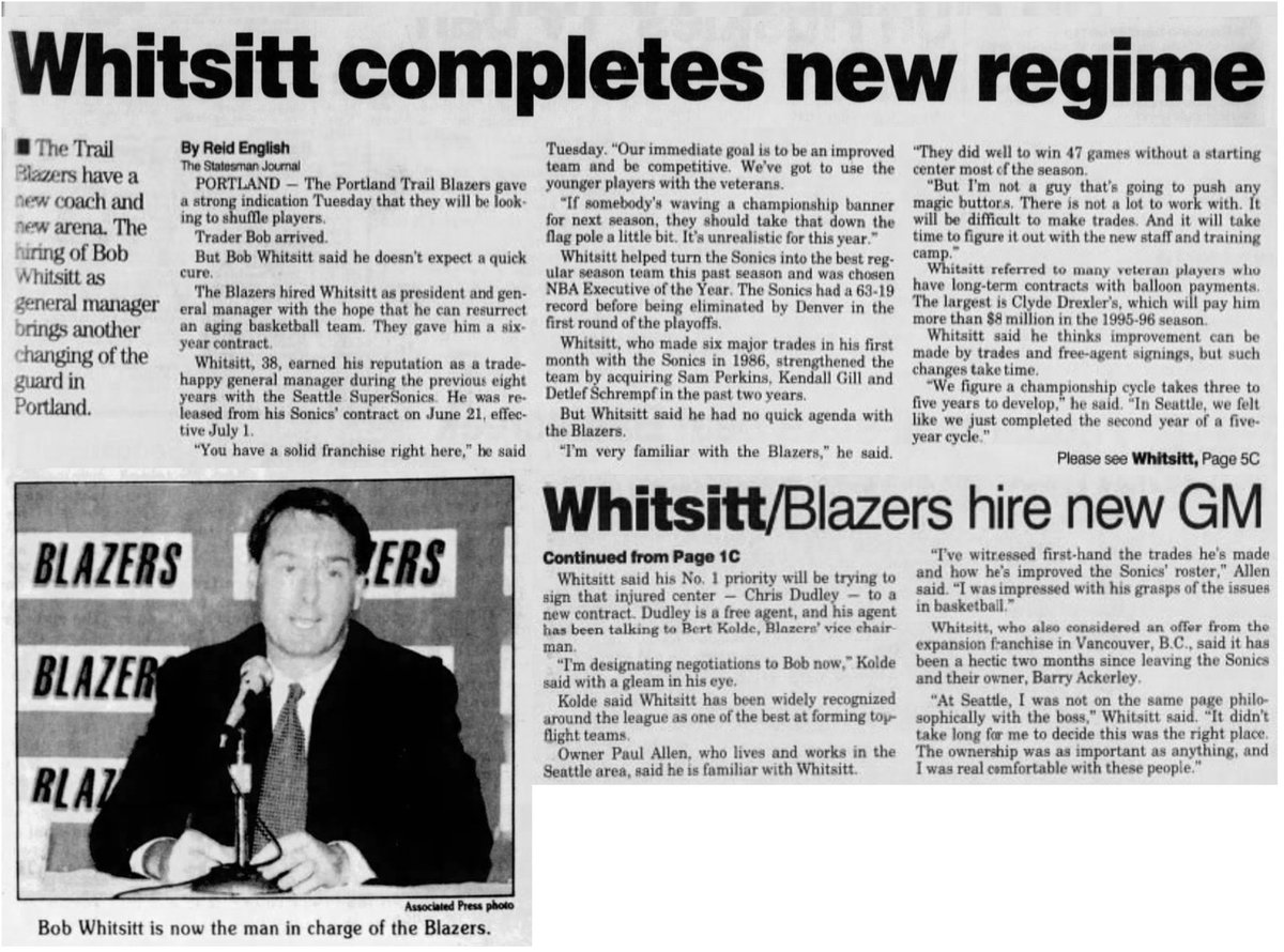 77Blazers's tweet photo. July 12 1994 - The @trailblazers hire #BobWhitsitt as the 5th GM in the teams history.
Whitsitt, who earned the nickname "#TraderBob" while he was the GM of the @SeattleSonics for the past 8 years, replaces @GeoffPetrie who resigned on May 18.
During his 9 years with #Portland, he orchestrated 20 major trades that involved over 30 players coming and going. He also signed over 40 FA players, not to mention numerous signings of draft picks and 10-day contracts.
#BradGreenburg, who is the Director of Player Personnel and acting GM after Petrie resigned, was passed over for the position. He would stay in the front office for another year before going to the @sixers.
As well, the #Blazers are now divided into two separate companies, one centered on Basketball only with the other centered on the Business and Arena side.
#RipCity #ThisDateinBlazersHistory