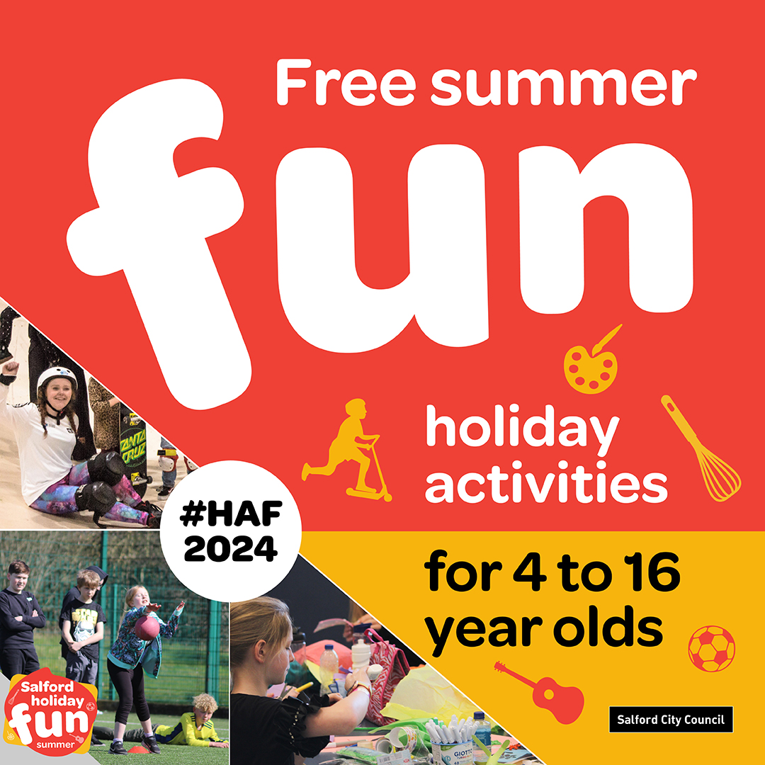 SalfordCouncil's tweet image. 🚀 Ready for a summer of adventure? Salford's HAF programme is here with amazing activities and healthy meals for children on free school meals. Perfect for making new friends and learning new skills! #SalfordSummerOfFun #HAF2024