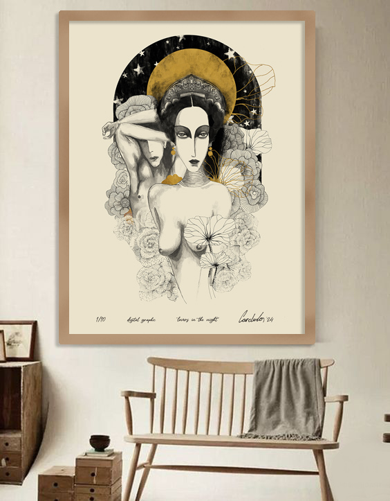 ZKardula's tweet photo. "lovers in the night" digital graphic 2024 #cardula #art #ink #inkdrawing #gold #balck #nude #elegant #star #flowers #lovers #night #interior #interiordecor #decor https://t.co/QCXSBWK4CK