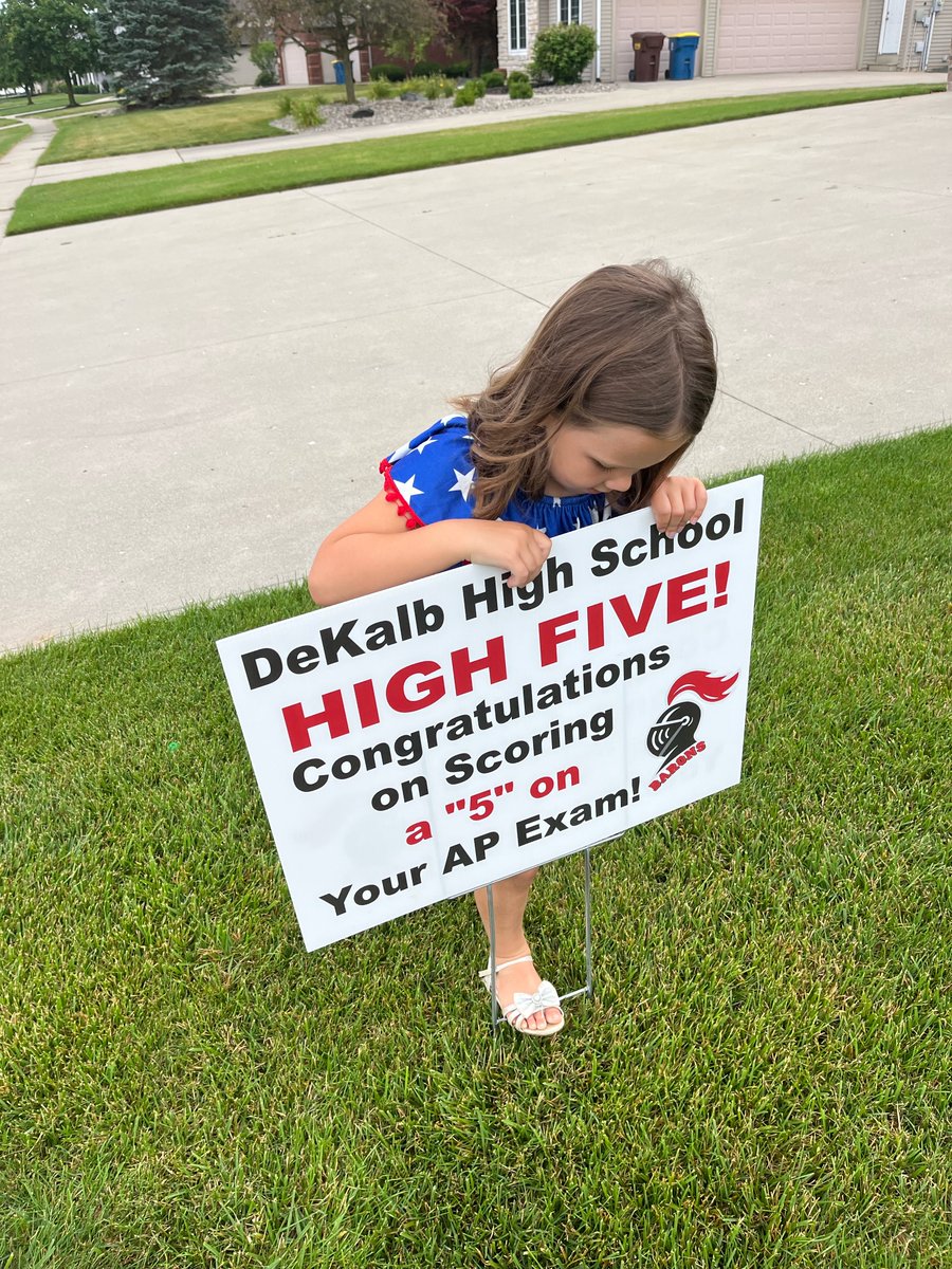 DeKalbGuidance's tweet photo. We are so proud of all of our AP students and their hard work. A couple of future Barons helped celebrate our students by placing “high five” signs in yards earlier this week! #dhsbarons #futurebarons #dekalbhighschool #apstudents https://t.co/cTDhZxwhck