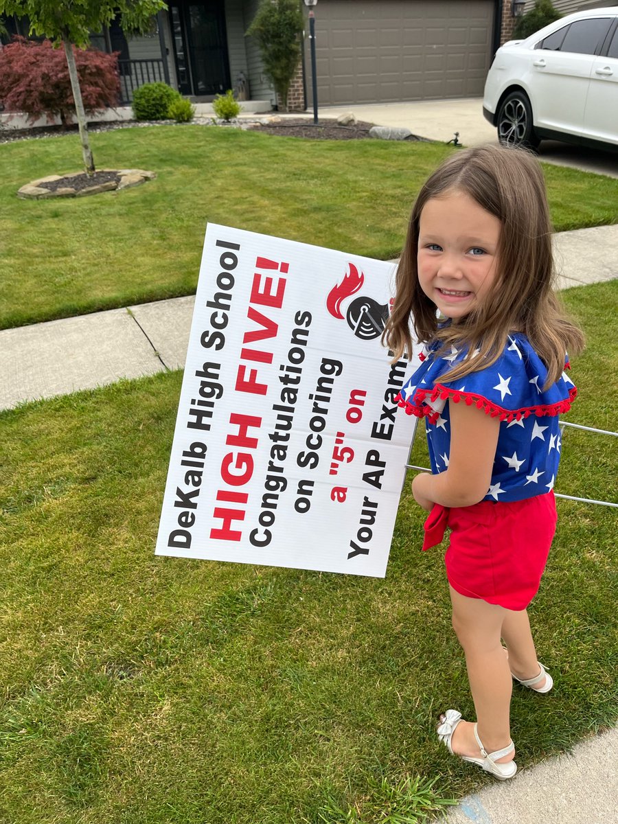 DeKalbGuidance's tweet photo. We are so proud of all of our AP students and their hard work. A couple of future Barons helped celebrate our students by placing “high five” signs in yards earlier this week! #dhsbarons #futurebarons #dekalbhighschool #apstudents https://t.co/cTDhZxwhck