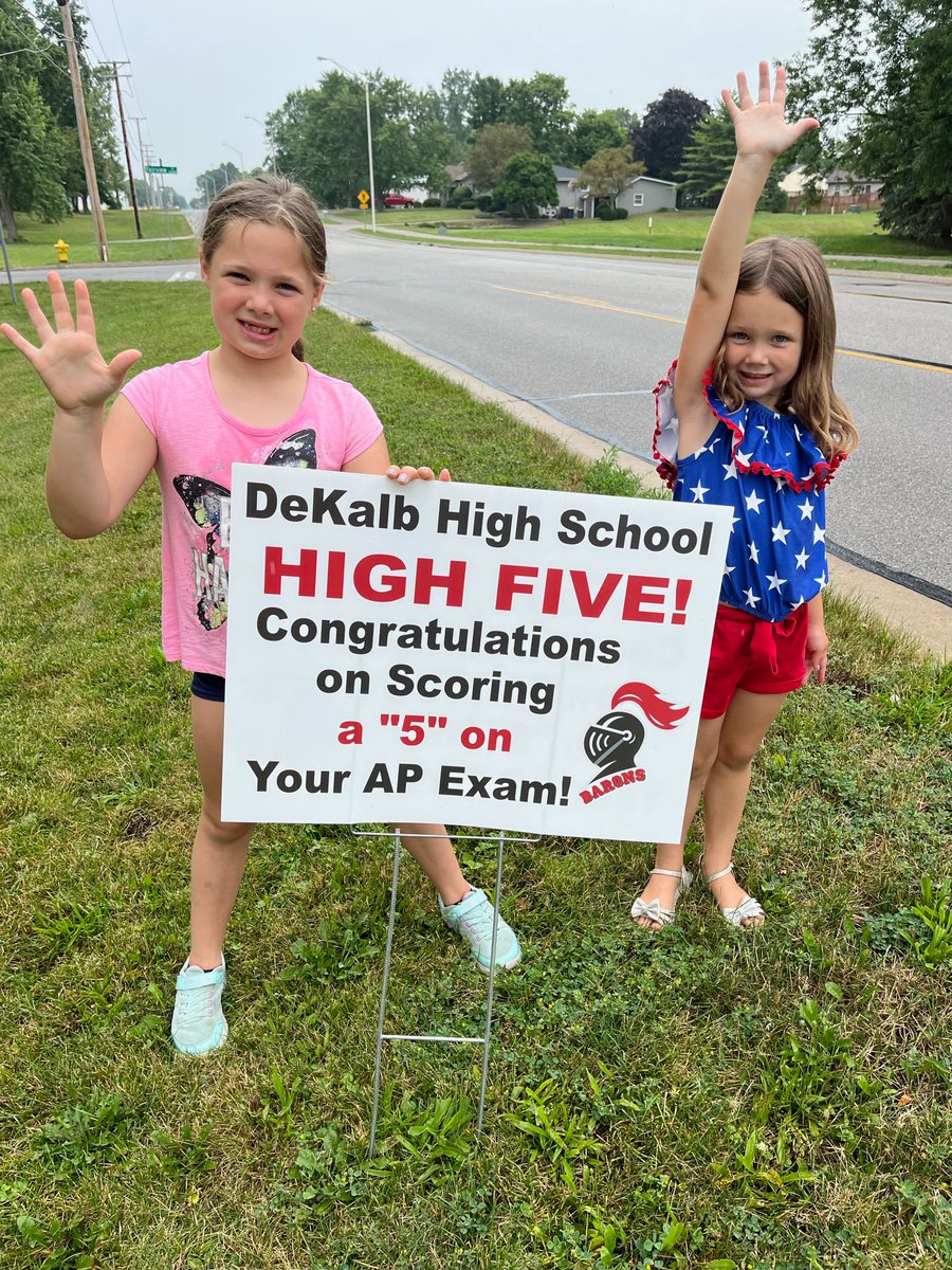 DeKalbGuidance's tweet photo. We are so proud of all of our AP students and their hard work. A couple of future Barons helped celebrate our students by placing “high five” signs in yards earlier this week! #dhsbarons #futurebarons #dekalbhighschool #apstudents https://t.co/cTDhZxwhck