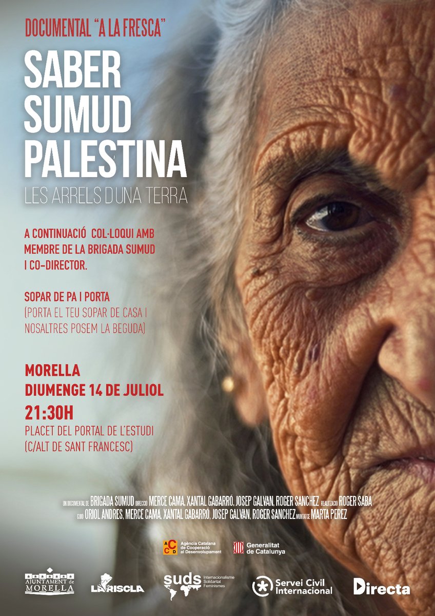 🗣️No anireu a fer una activitat el mateix dia de la final de la Eurocopa?

😌Doncs si, i a la mateixa hora🔥

📺Este diumenge documental a la fresca a #Morella

▶️"Saber.Sumud.Palestina. Les arrels d'una terra"🫒

amb sopar de pa i porta 🥪 i col·loqui amb un dels co-directors❤️‍🔥
