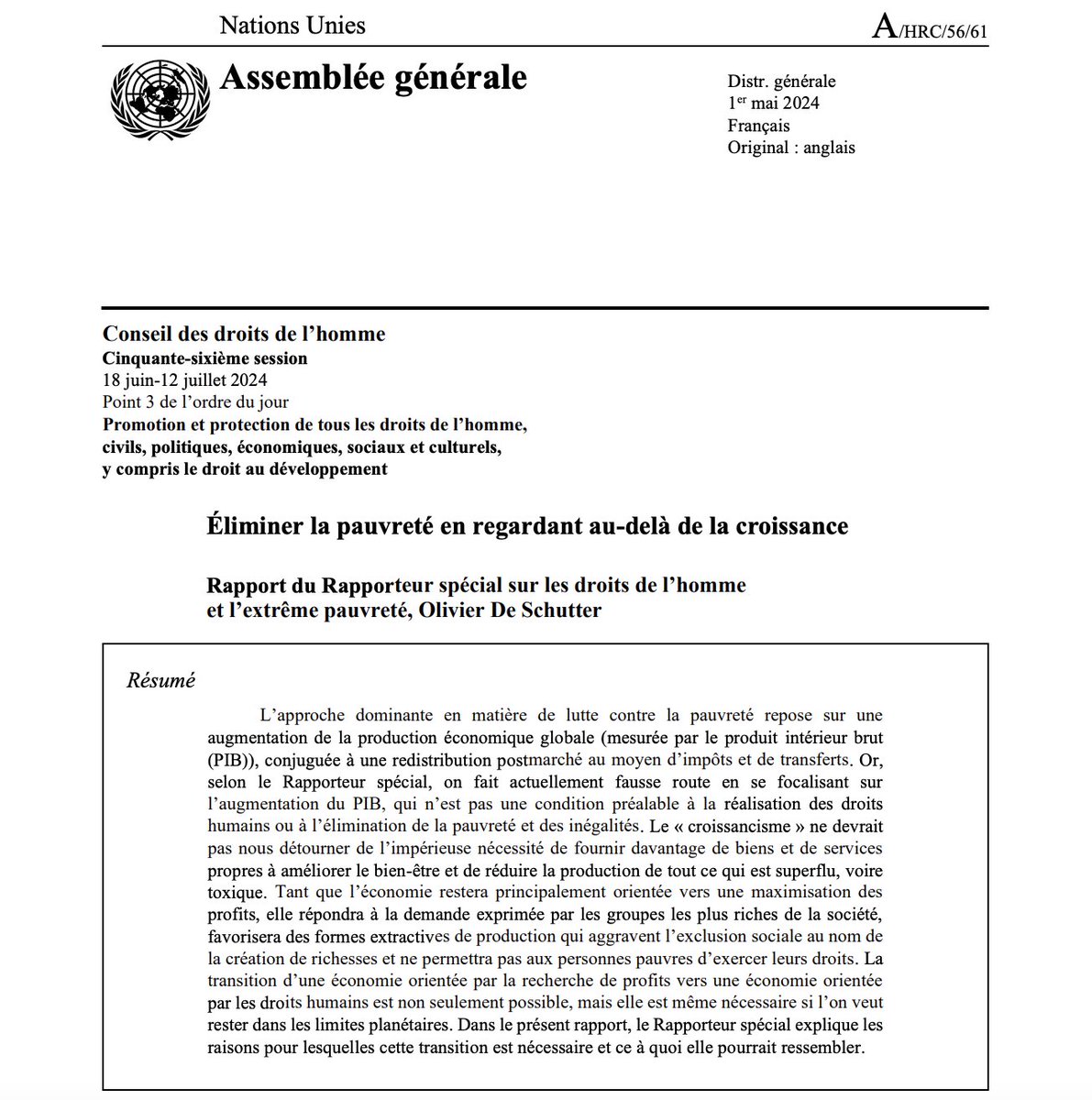 Edifiant rapport de l'ONU actant ce que nous savons depuis des décennies par l'expérience matérielle du néolibéralisme : la recherche éperdue de croissance accroit les inégalités et ravage les écosystèmes. 

Comme le souligne le rapporteur <a href="/DeSchutterO/">Olivier De Schutter</a> « l’augmentation du PIB