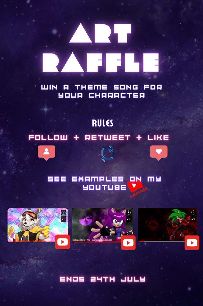 It's time for another holiday RAFFLE TIME! Get a free theme song for your character Rules to enter: Follow + Retweet + Like Ends on: 24th July Se my works here: youtube.com/channel/UCZXxF…… https:// (music I create for you is not for commercial use)