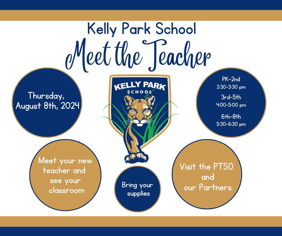 Mark your calendars! Meet the Teacher is on Thursday, August 8th.
Times are as follows:
PreK-2nd: 2:30-3:30 pm
3rd-5th: 4:00-5:00 pm
6th-8th: 5:30-6:30 pm
You'll be able to meet the teachers, bring your supplies, visit the PTO and purchase KPS merchandise. Hope to see you there!