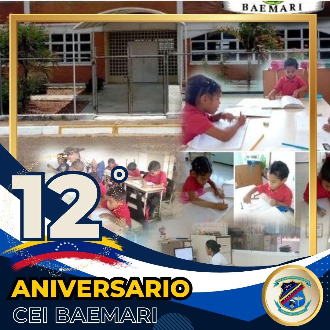 #12Jul// El GB. Rafael José Rojas Pérez, Director, junto a la Gran Familia CAFMA, se complacen en Felicitar a los Hombres y Mujeres que conforman el Centro de Educación Inicial Baemari @cei_baemari_amb por arribar a su 12° Aniversario. 

#LaPoesíaNosUne
#HonorVoluntadYEficiencia