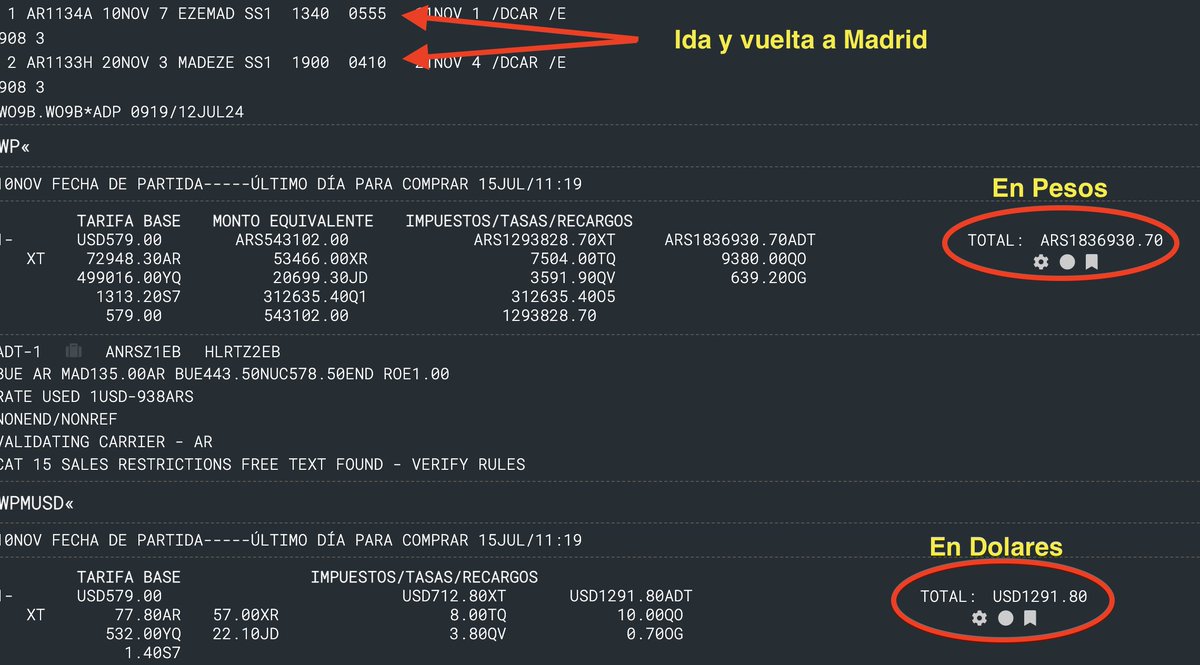 harrylpg's tweet photo. 🟡La pregunta del dia (hoy 12 de Julio):
✍️Con el dólar libre a $ 1500 ¿Sigue conviniendo comprar pasajes en dólares?

🔷Dejo ejemplo de pasaje a Madrid, en pesos y dólares.
🔸En pesos $ 1.836.930.70
🔸En dolares u$s 1291,80

📢Conclusión: a $1500, ya conviene emitir en pesos. 
En este caso, te ahorras u$s 67.