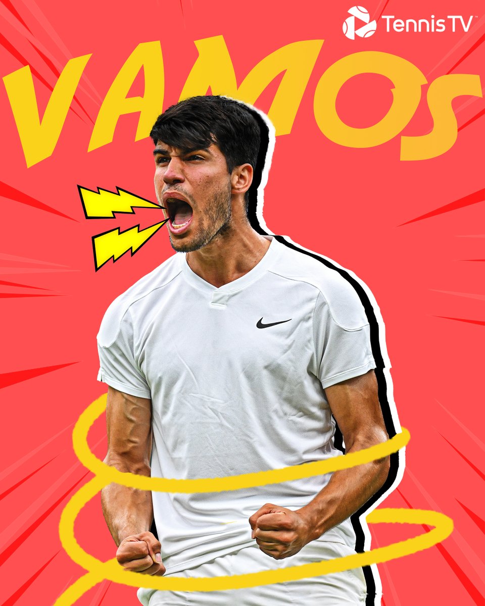 TennisTV's tweet photo. BACK IN THE WIMBLEDON FINAL!! 🗣️⚡️

@CarlosAlcaraz defeats Medvedev in four tight sets and will play to defend his title on Sunday!

#Wimbledon https://t.co/0uZO8VKufB