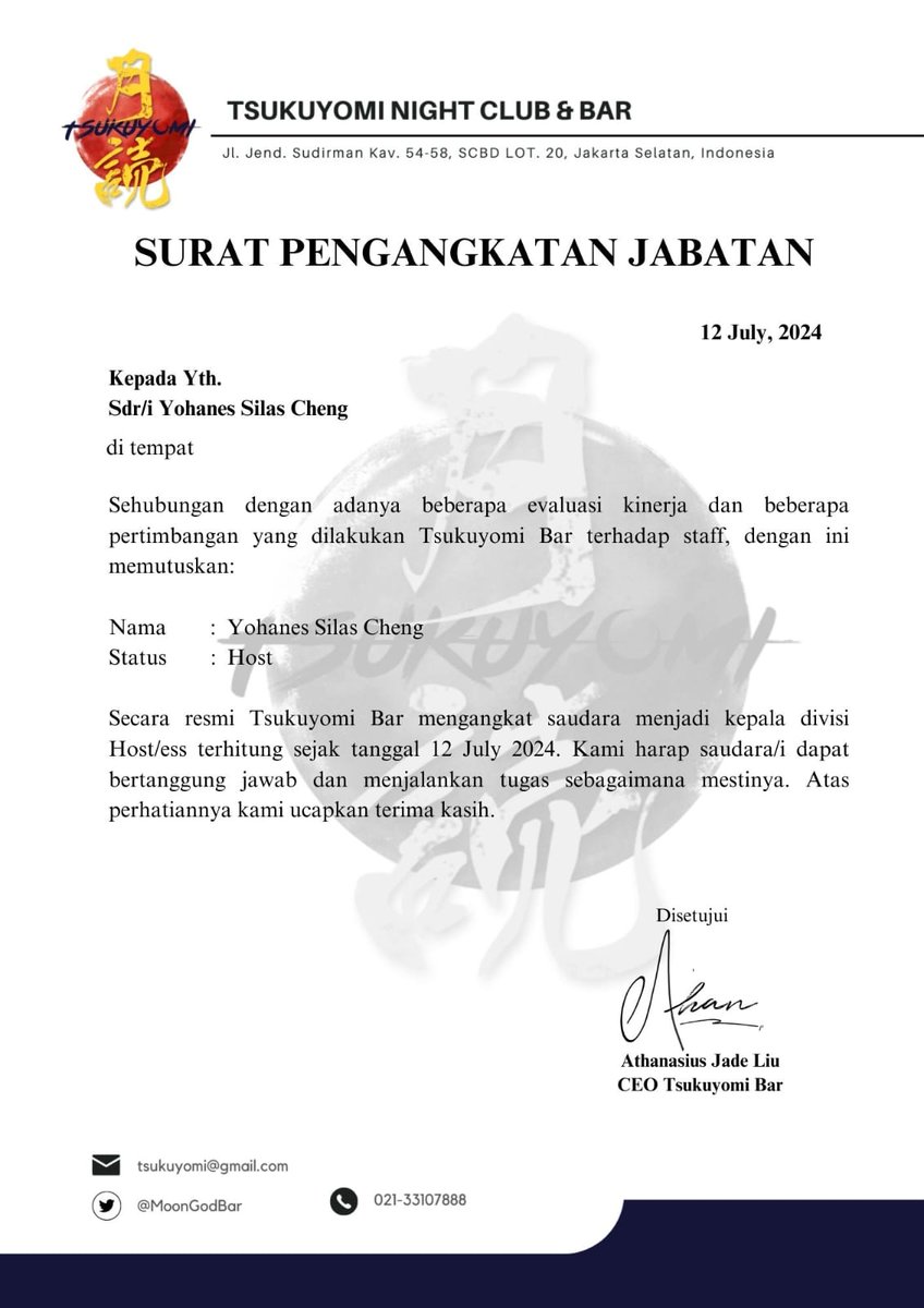 ㅤ
ㅤ
📧

To : silascheng@gmail.com
( <a href="/Miaunghao/">𝐒𝐈𝐋𝐀𝐒 程</a> ) 
Cc : athan.liu@tsukuyomi.com
( <a href="/CHROMANTlC/">刘、𝐀𝐓𝐇𝐀𝐍𝐀𝐒𝐈𝐔𝐒.</a> ) 

🖇 Surat Pengangkatan Jabatan
ㅤ
ㅤ