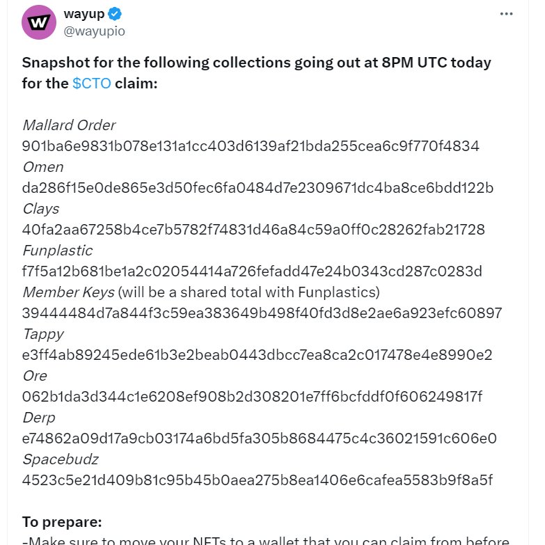 The claim that was set up with <a href="/wayupio/">Wayup</a> is for Cardano not anyone specific. 

You most likely hold one of these OG collections that are available to claim $CTO. Lets make this fun. 

If done correctly we should have over 10k people participating on this claim.