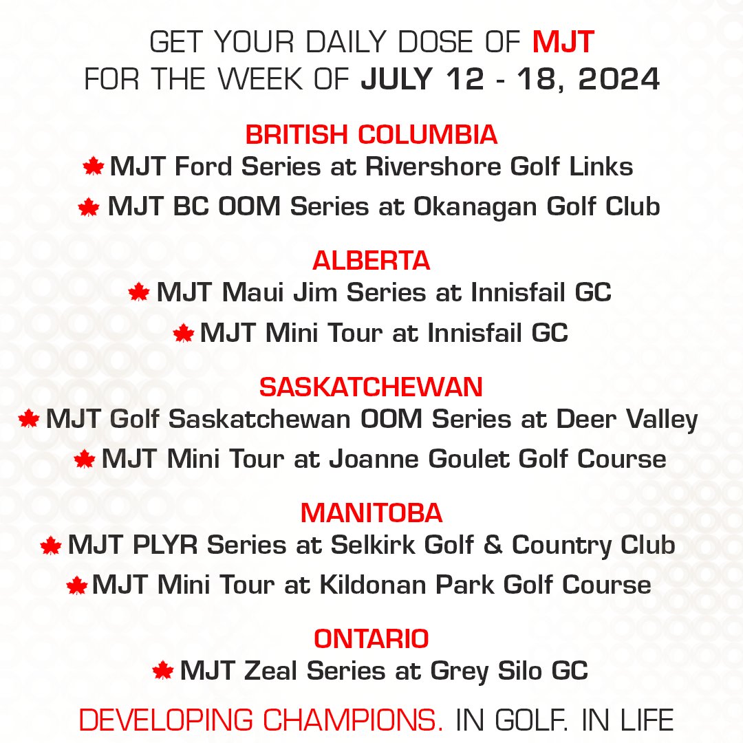 🏌️‍♂️ Swing into Your #WeeklyUpdate! 🏌️‍♀️

Get ready for a sun-soaked, golf-packed week with the MJT! From the lush greens of BC to the rolling fairways of Ontario, we're serving up non-stop golf excitement all week long. ⛳️

BRITISH COLUMBIA
📍 MJT <a href="/FordCanada/">Ford Canada</a> Series at