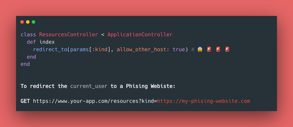 RubyCademy's tweet image. ✨ RAILS TIPS ✨
Be cautious when using redirect_to with allow_other_host:.
This can lead to a disastrous outcome for your users!
PS: I recently encountered this evil combination in a codebase for a project with a large user base.
#rubyonrails #railssecurity