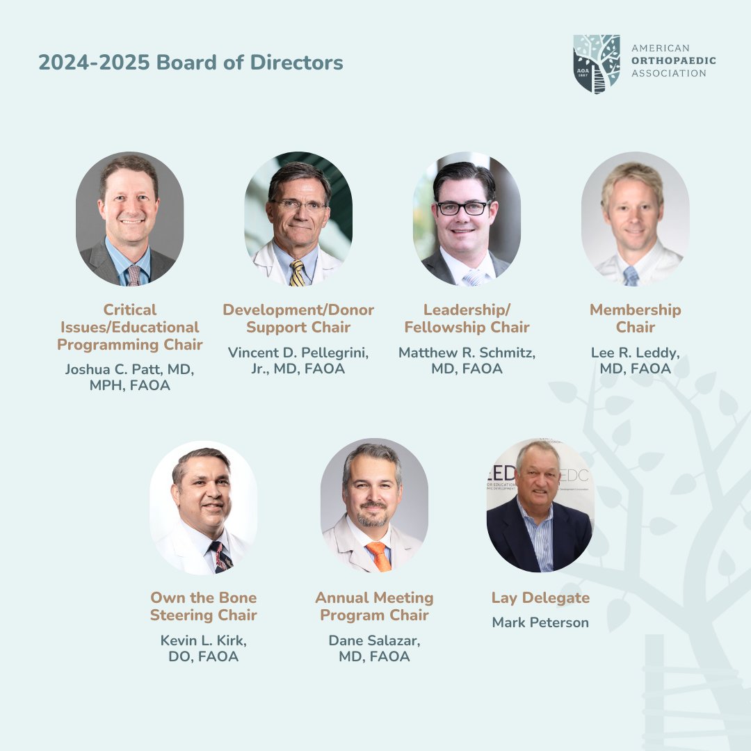 Join us in welcoming The American Orthopaedic Association's 2024-2025 Board of Directors. The Executive Committee oversees the organization's strategic direction and comprises the nation's top orthopaedic surgeons.

To learn more, visit i.mtr.cool/srflxogmpp