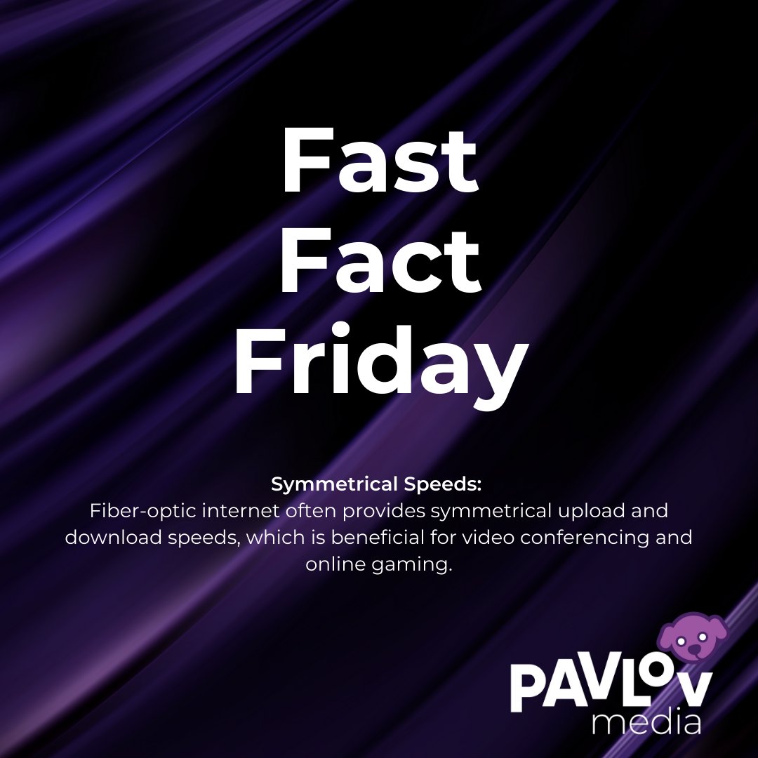 Fast Fact Friday: Enjoy Pavlov Media's symmetrical upload and download speeds with fiber-optic Internet—perfect for seamless video calls and online gaming. ⚡🎮 #FastFactFriday #FiberOpticBenefits