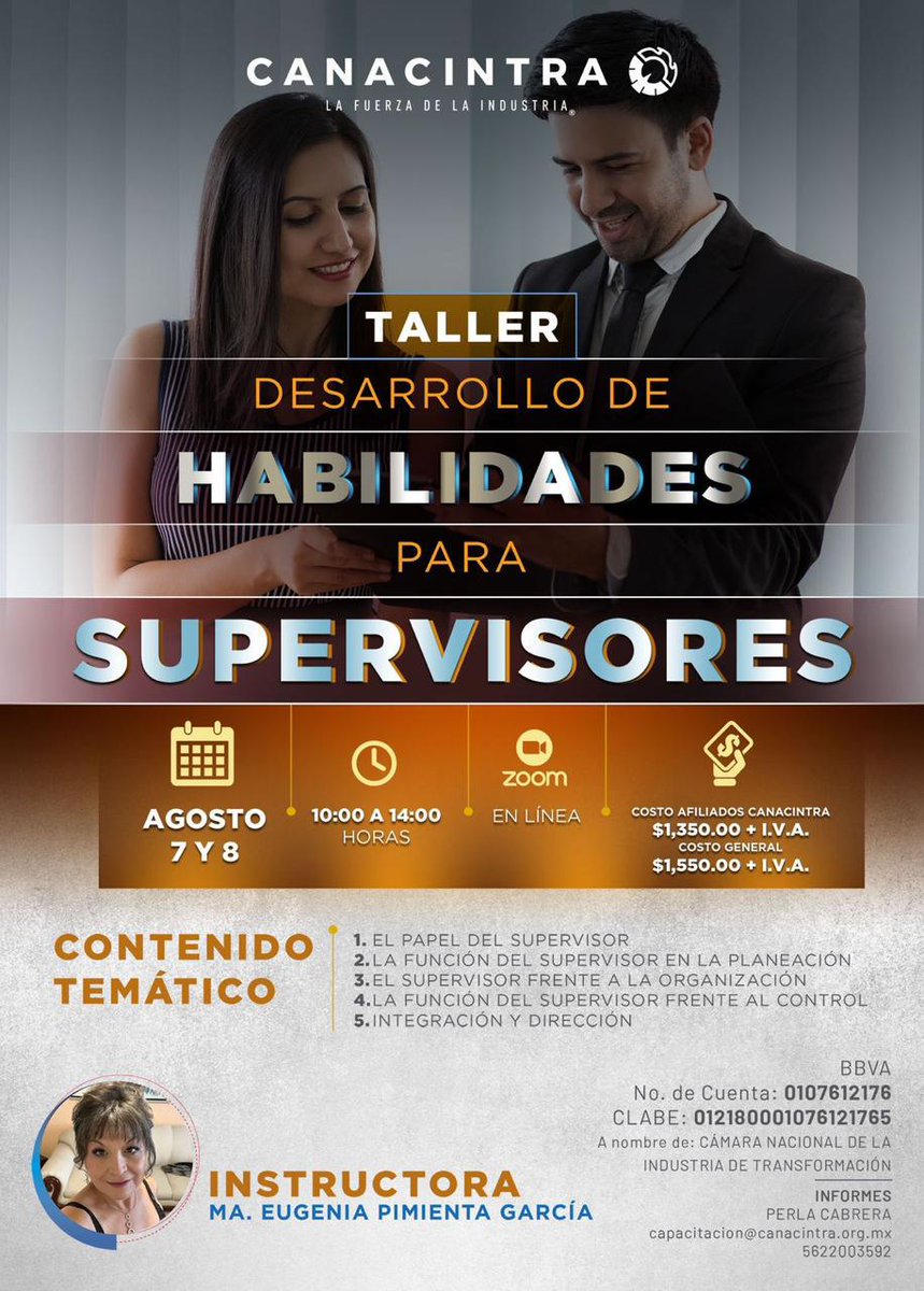 🖥️ TALLER ONLINE | Les invitamos a nuestro próximo taller: 'Desarrollo de habilidades para supervisores'.

📆 Miércoles 7 y jueves 8 de agosto
🕙 10:00 AM - 2:00 PM