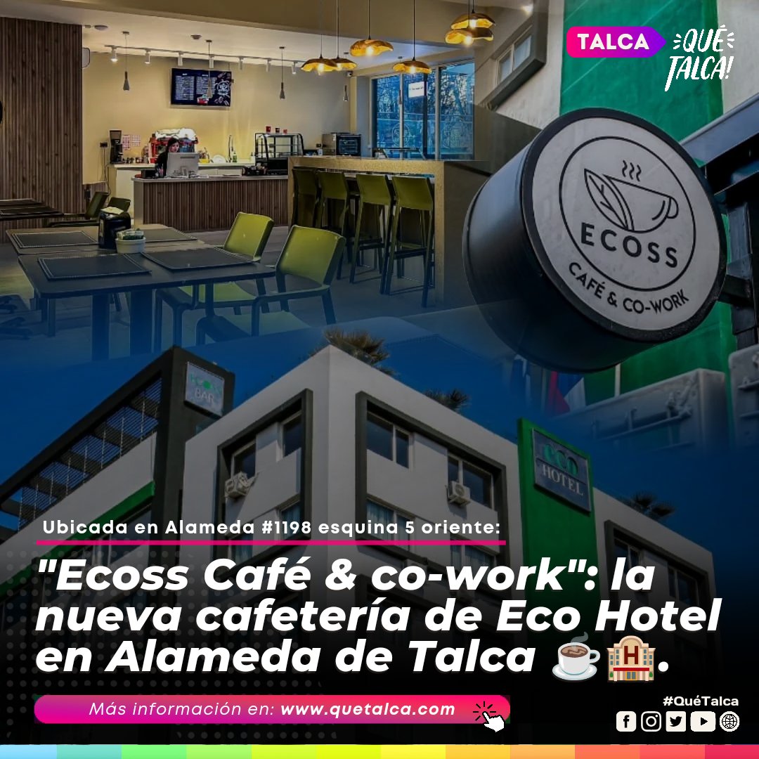 ☕🏨| Eco Hotel #Talca ✨, el único hotel 4 estrellas de la Región del Maule debidamente certificado por Sernatur 🤩, abrió hace unos días una cafetería llamada "Ecoss Café" 🙌.

🔗 instagram.com/p/C9Vaf1QPSGu/…