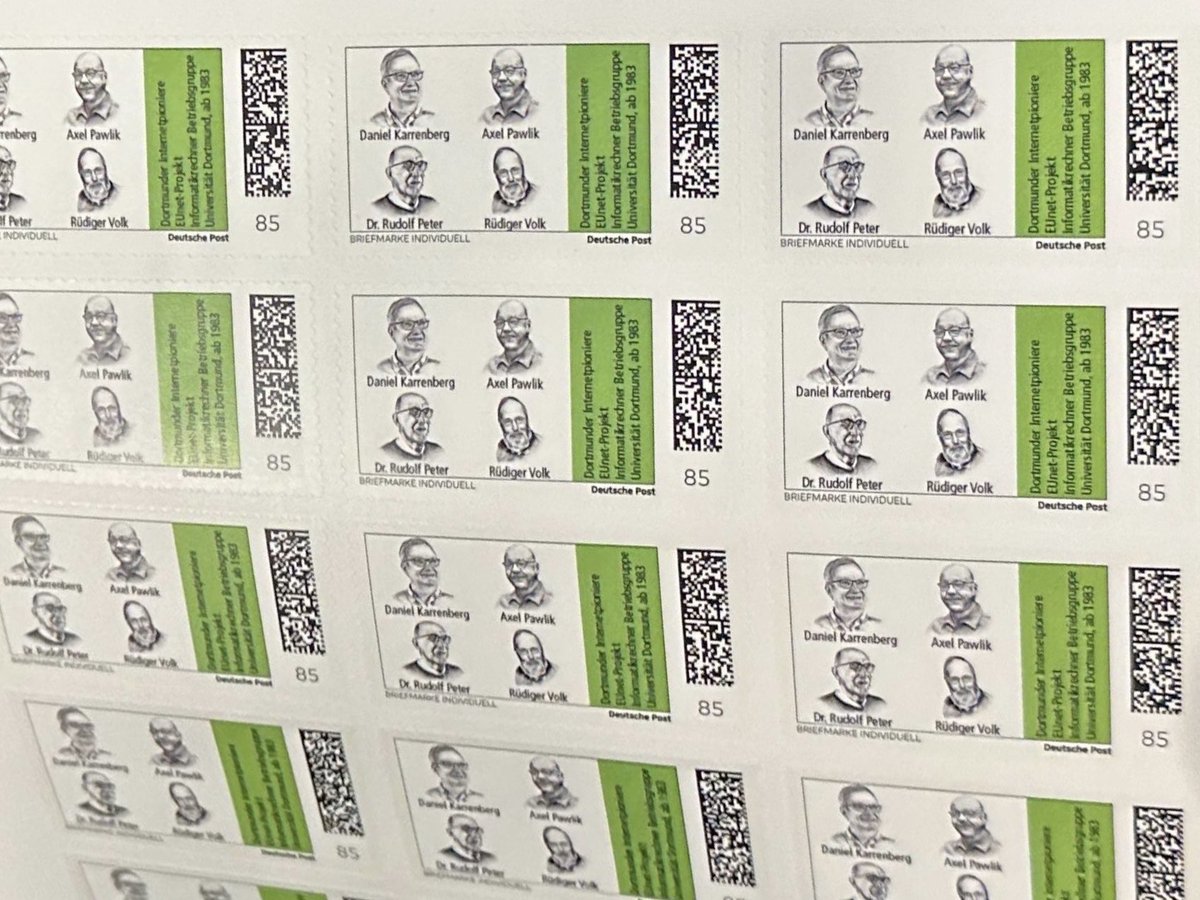DrPeering's tweet image. What do Daniel Karrenberg @limbodan, Axel Pawlik @axelpawlik, Dr. Rudolf Peter, and Rüdiger Volk have in common? They’re being celebrated today as Dortmund’s Internet pioneers - think the EUnet (European Unix Network) project. Both stamps and a sculpture. alumni-informatik-dortmund.de/praesentation-…