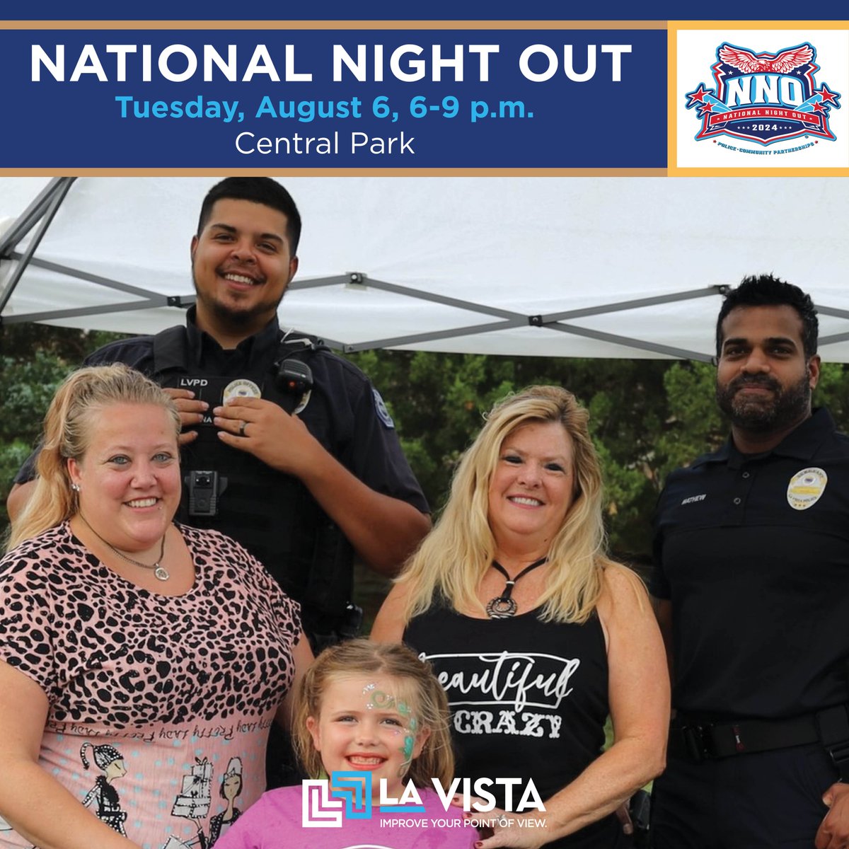 lavistapolice's tweet photo. La Vista’s National Night Out event returns to Central Park on Tuesday, August 6, from 6 to 9 p.m.! This free, safety-focused event, in partnership with the Sarpy County Sheriff’s Office, will feature a multitude of first responders and partner agencies. https://t.co/pq0aLEqHmz