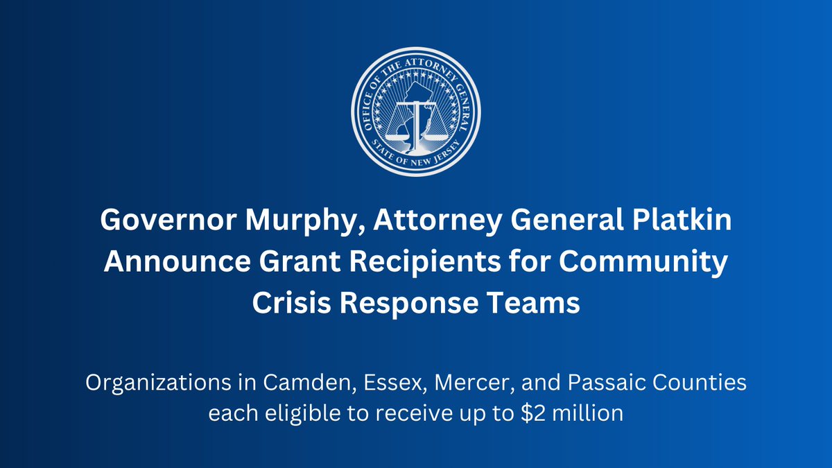 We are pleased to announce the initial recipients of our CCRT grants. We look forward to working with these trusted community partners to build community crisis response models in our ongoing effort to create a safer and healthier NJ. 

njoag.gov/governor-murph…
