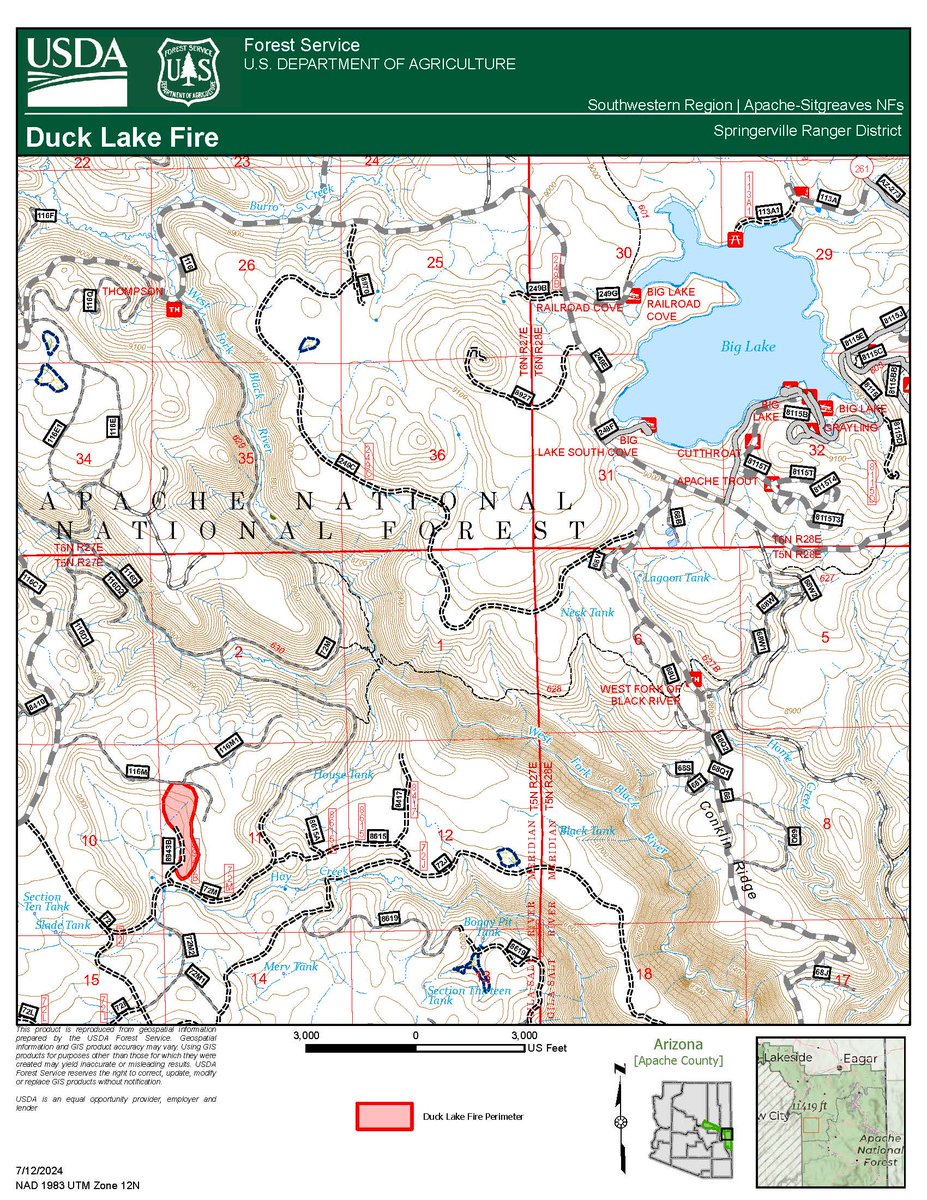 Apache-Sitgreaves National Forests
Forest Service News Release
 
Forest Public Affairs Specialist
Steve Johnson
fs.usda.gov/asnf

Duck Lake Fire Update – July 12, 2024
Springerville Ranger District

*see attachments for news release and map
