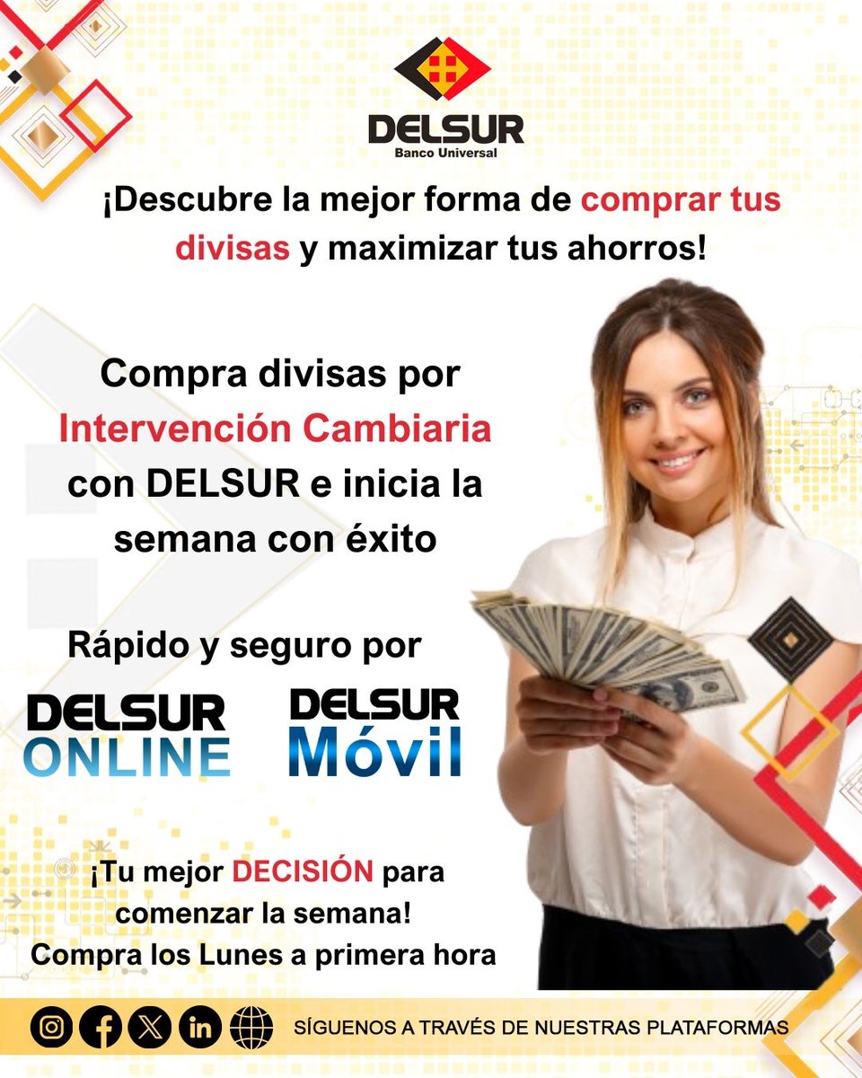 DELSURBanco's tweet photo. ¿Quieres maximizar tus ganancias?

¡DELSUR Banco Universal es tu mejor opción!

Con la Intervención Cambiaria compra tus #dólares a un clic de distancia

¡Tu mejor #DECISIÓN para comenzar la semana! Compra los Lunes a primera hora

#Divisas #Venezuela #DELSURBanco #Empresas https://t.co/CDB2q5HDnP