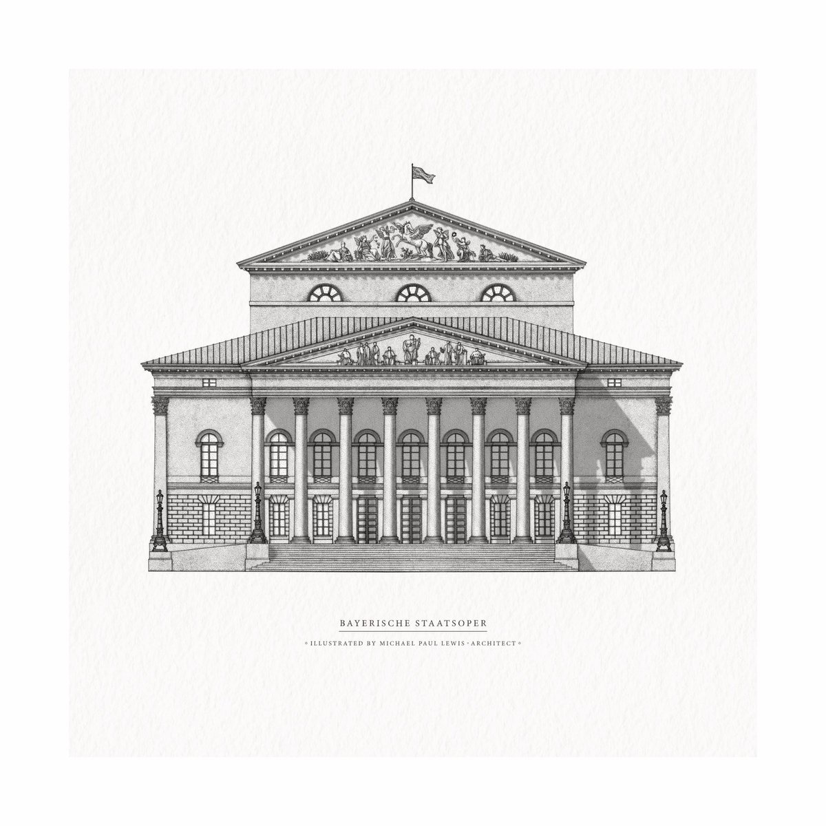 Mr_MichaelLewis's tweet image. Earlier this year, I was commissioned by the Bavarian State Opera @bay_staatsoper to illustrate the primary elevation of their magnificent 1818 Neoclassical theatre in Munich. #BayerischeStaatsoper #ClassicalArchitecture