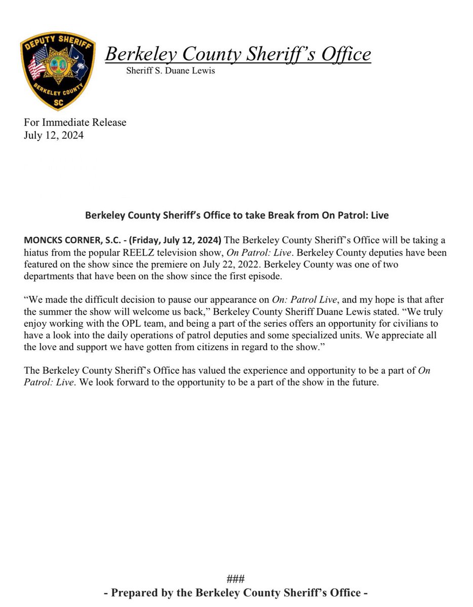 BerkCoSheriff's tweet image. For Immediate Release
July 12, 2024 

𝐁𝐞𝐫𝐤𝐞𝐥𝐞𝐲 𝐂𝐨𝐮𝐧𝐭𝐲 𝐒𝐡𝐞𝐫𝐢𝐟𝐟’𝐬 𝐎𝐟𝐟𝐢𝐜𝐞 𝐭𝐨 𝐭𝐚𝐤𝐞 𝐁𝐫𝐞𝐚𝐤 𝐟𝐫𝐨𝐦 𝐎𝐧 𝐏𝐚𝐭𝐫𝐨𝐥: 𝐋𝐢𝐯𝐞

#OPL 
#OPLive 
#OnPatrolLive 
#NeverGoodbyeItsSeeYouLater