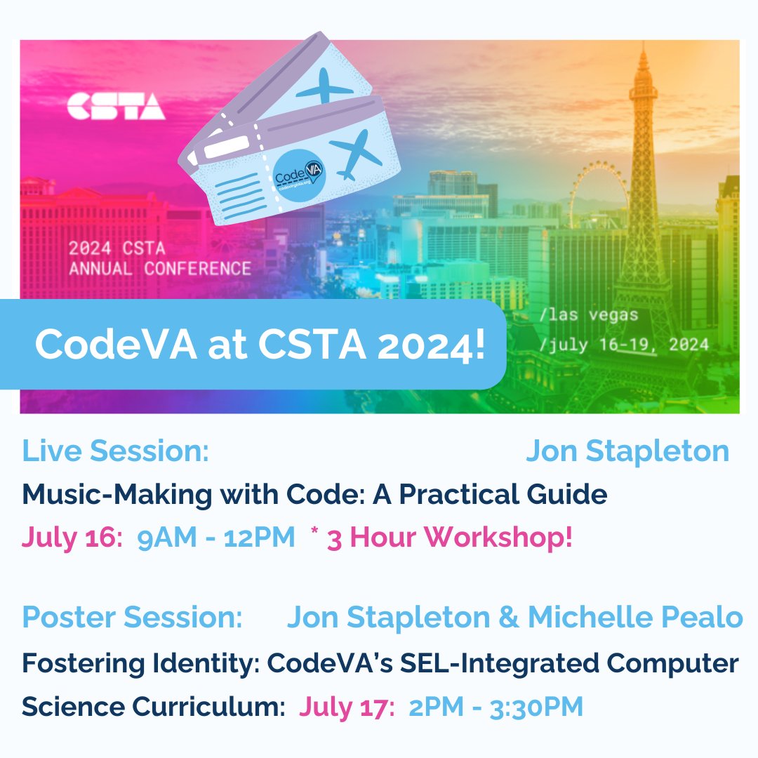 codeVirginia's tweet photo. CodeVA in Vegas, baby! Among our sessions is a dynamic 3-hour workshop, a poster session and a collaborative presentation to include VA practitioner researchers (educators!) Come by, say hi, and stay a while, if you'll be at this year's conference! #CSTA24
#CSforVA #codevirginia https://t.co/LNOAEgzjZQ