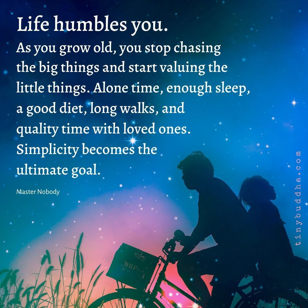 "Life humbles you. As you grow old, you stop chasing the big things and start valuing the little things. Alone time, enough sleep, a good diet, long walks, and quality time with loved ones. Simplicity becomes the ultimate goal." ~Master Nobody