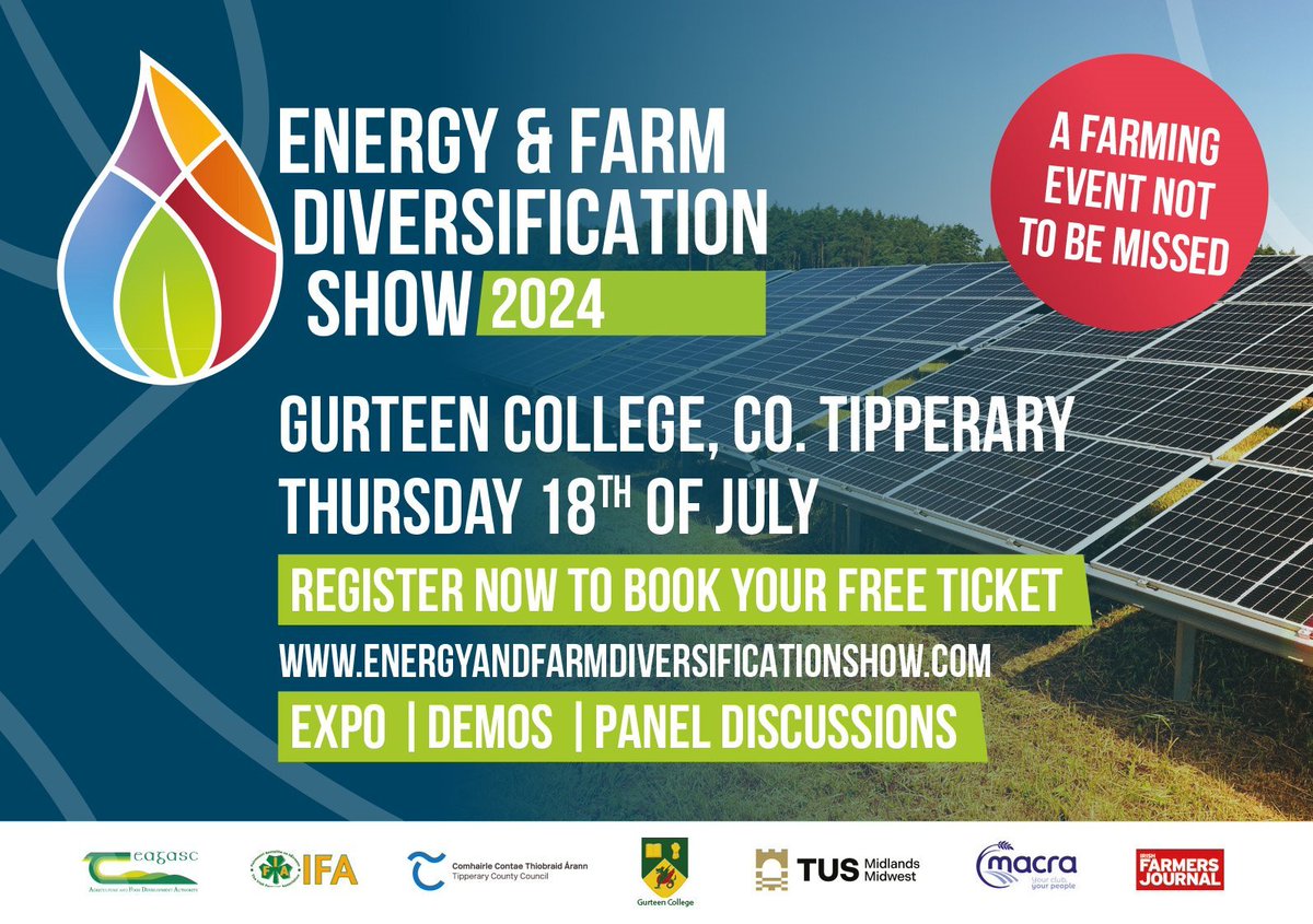 Teagasc (@teagasc) on Twitter photo The <a href="/EnergyinAgri/">Energy and Farm Diversification Show 2024</a> takes place on Thursday, 18 July in <a href="/GurteenCollege/">Gurteen College</a>. It is set to bring you an incredible day full of unmissable insights into the latest revolutionary products transforming the agri-industry. Register here bit.ly/432qCnv The <a href="/EnergyinAgri/">Energy and Farm Diversification Show 2024</a> takes place on Thursday, 18 July in <a href="/GurteenCollege/">Gurteen College</a>. It is set to bring you an incredible day full of unmissable insights into the latest revolutionary products transforming the agri-industry. Register here bit.ly/432qCnv