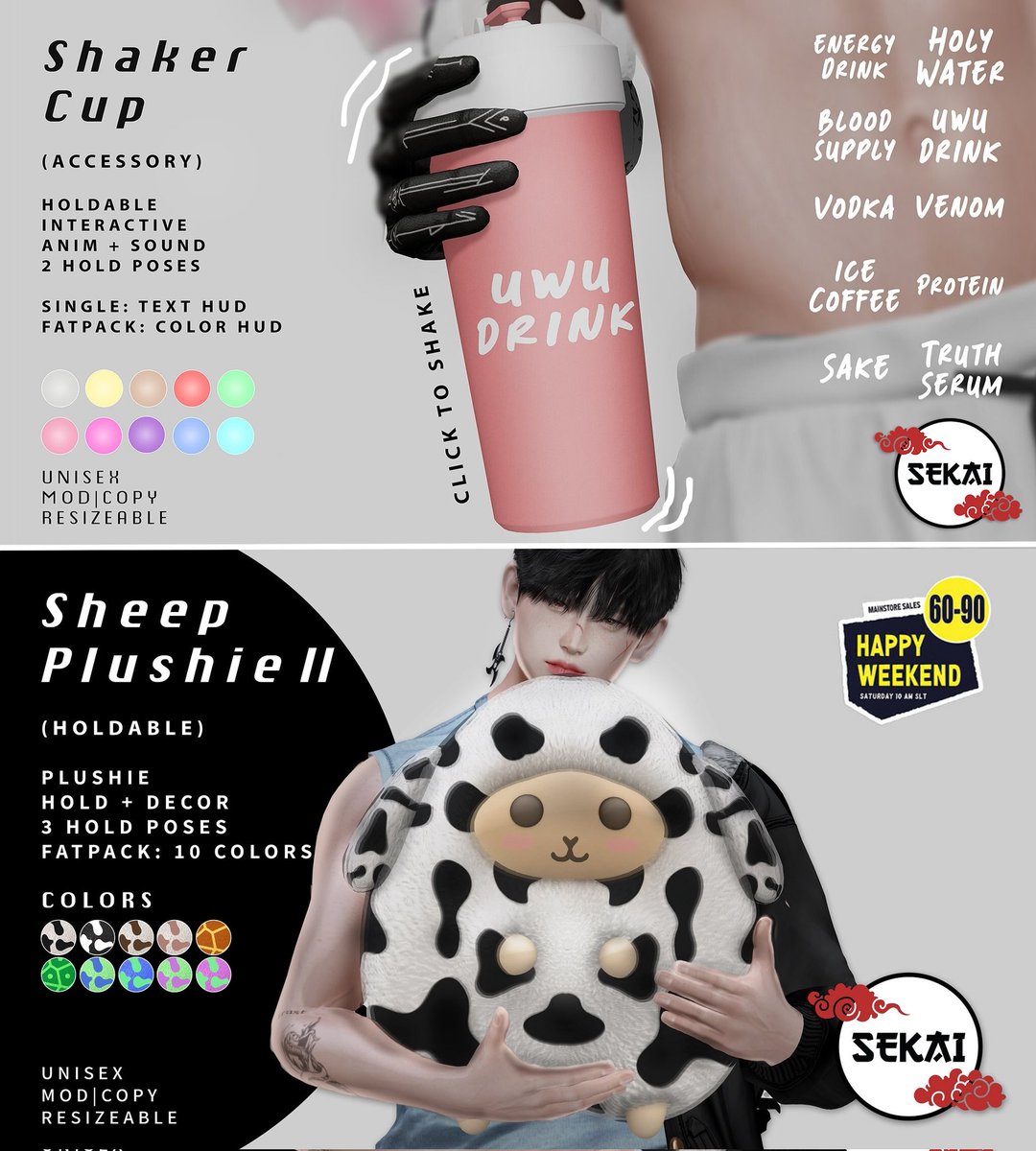 SEKAI_SL's tweet photo. SEKAI - Shaker Cup + Sheep Plushie - 60-90L$ Happy Weekend Sale!
SURL: https://t.co/OdxMuvKheA
 
Interactive Shaker
Holdable, Anim+Sound, 2 Hold Poses, Fatpack 50% Off

Sheep Plushie

Holdable + Decor, 3 Hold Poses, Fatpack 50% Off https://t.co/uys4IS2ttr