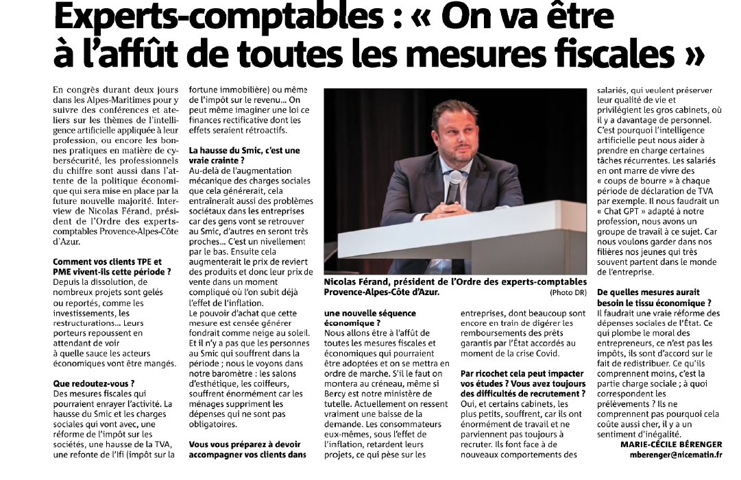 🗞️"On va être à l'affût de toutes les mesures fiscales et on se mettra en ordre de marche"

Interview de <a href="/NicolasFerand/">Nicolas FÉRAND</a>, président du <a href="/CROEC_Paca/">CROEC Provence-Alpes-Côte d'Azur</a> lors des #univ2024 par <a href="/mcberenger/">Marie-Cécile Bérenger</a>, à lire dans <a href="/Var_Matin/">Var-matin</a>.

#rse #facture #numerique #expertcompable